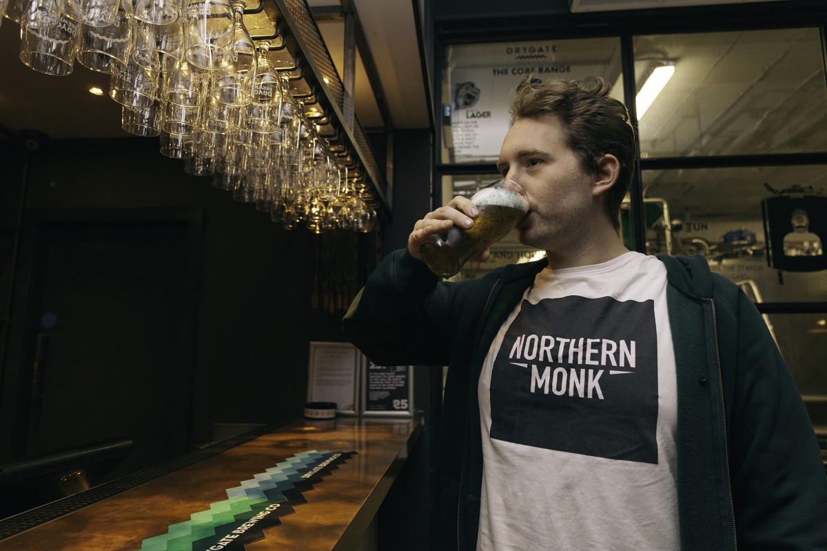 Tom from Northern Monk drinking Bearface